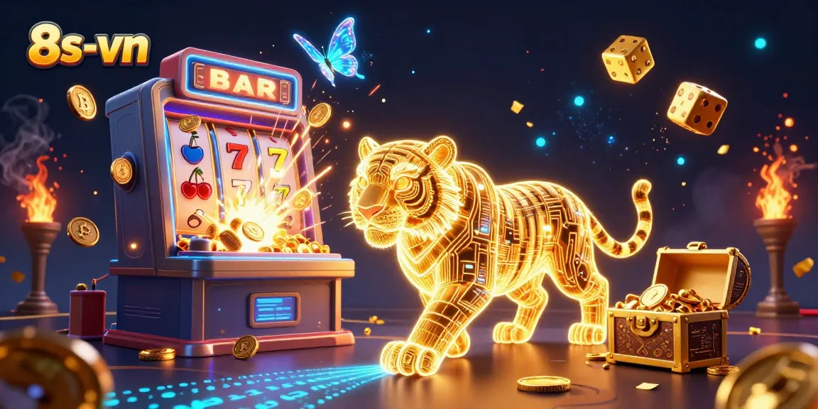 Experience 8s-vn's thrilling jackpot slots graphic with a neon golden tiger and vibrant gaming elements.