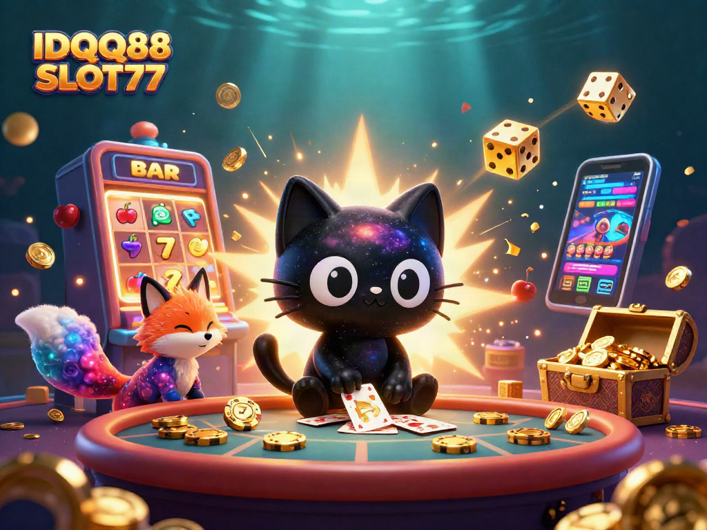 Experience epic gaming at IDQQ88 SLOT77 with a cosmic cat and fox amidst vibrant slot elements.