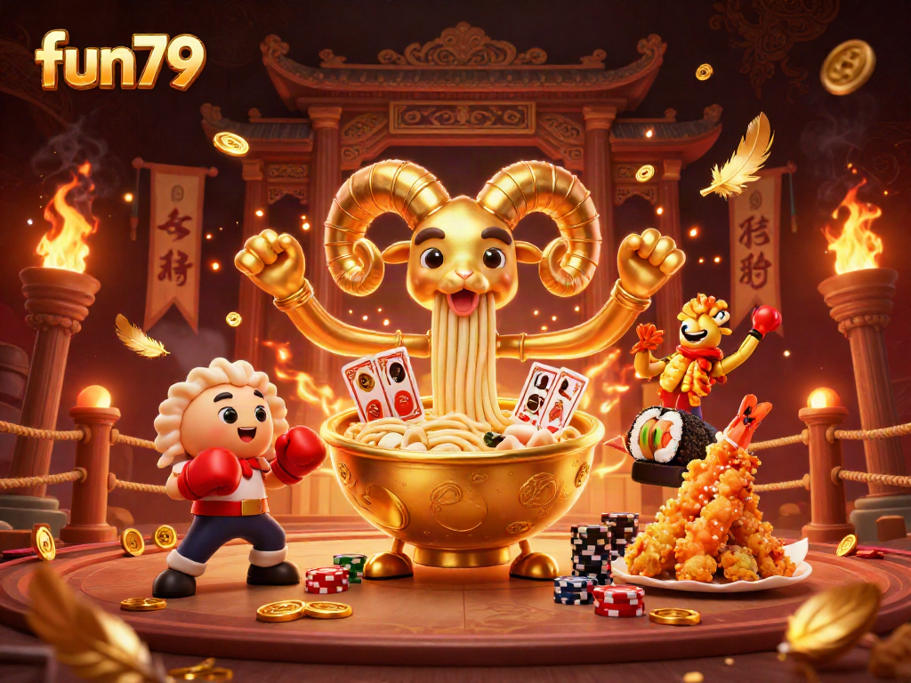 Fun79 brings excitement as the giant ramen bowl deals cards and stacks chips in a vibrant casino scene.