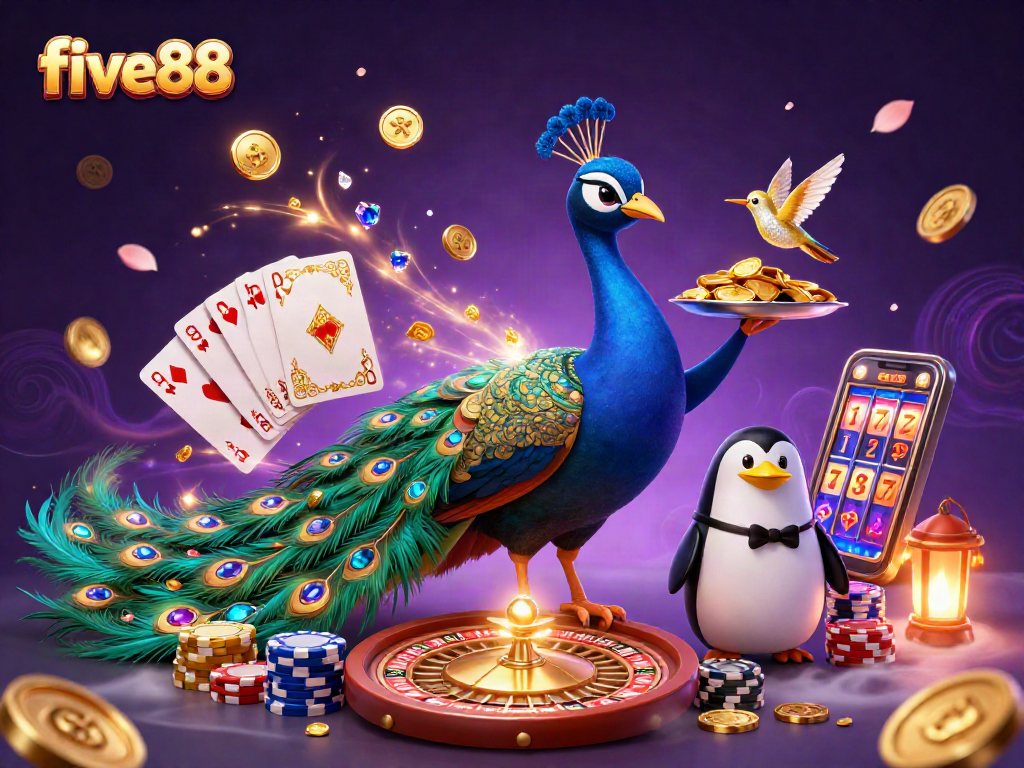 Experience the vibrant energy of five88 with cascading coins and a 3D casino scene full of excitement.