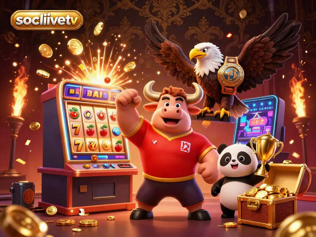 Socolivetv showcases an exciting 3D illustration of a bull mascot, eagle, and panda amid vibrant casino elements.