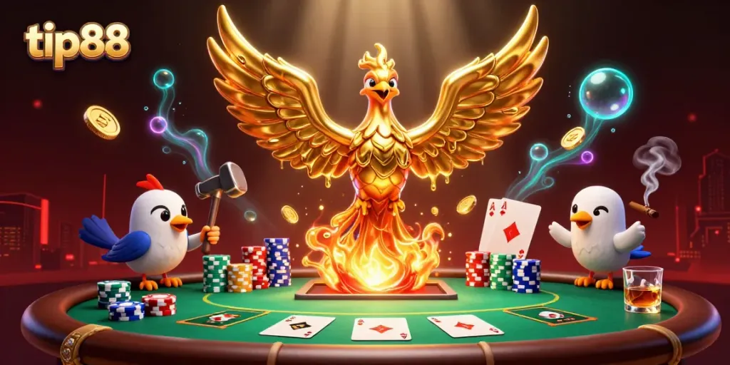 Engage with tip88's vibrant casino scene featuring a golden phoenix and poker elements.