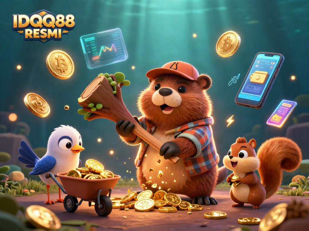 IDQQ88 RESMI showcases a 3D lumberjack beaver chopping a tree raining golden coins, creating an engaging casino scene.