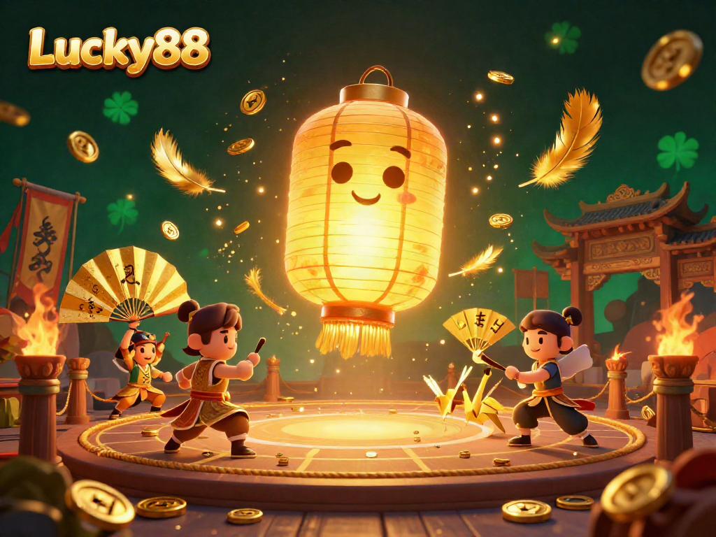 Engage with Lucky88 at a vibrant casino scene featuring a glowing lantern spirit, golden companions, and dynamic betting elements.
