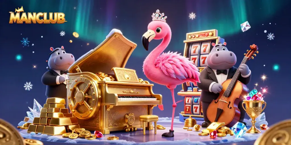 Engage with MANCLUB's thrilling casino scene featuring colorful characters and jackpot elements.