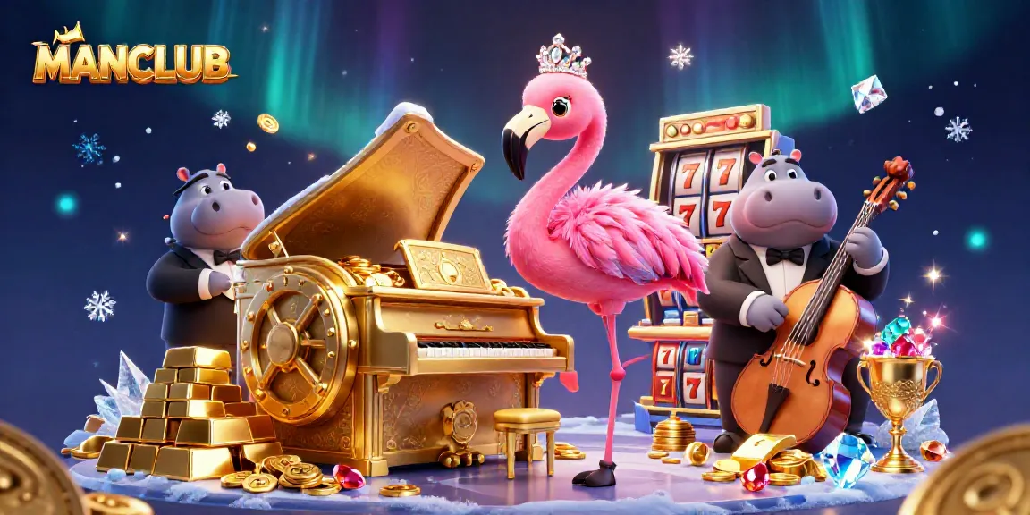 Engage with MANCLUB's thrilling casino scene featuring colorful characters and jackpot elements.