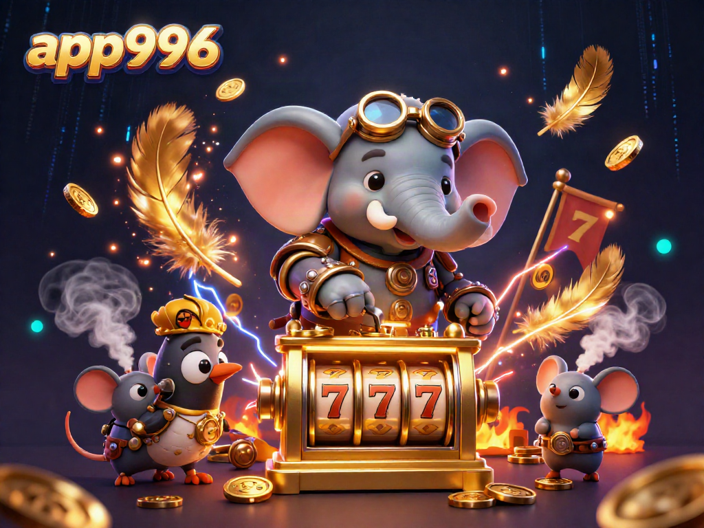 Spin the golden slot machine with app996 in a vibrant steampunk casino scene, featuring whimsical characters and rich details.