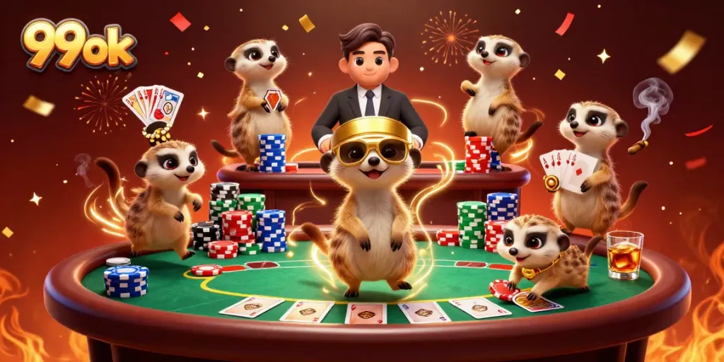 Experience the vibrant gaming world of 99ok with 3D meerkats in a bustling casino environment.