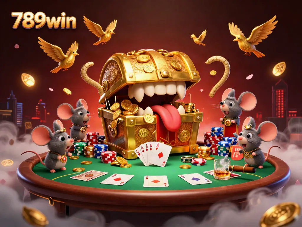 Engage with 789win's thrilling casino world, showcasing a treasure-luring chest and poker excitement.