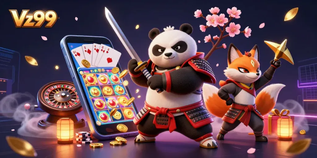 Engage in thrilling gaming at Vz99 with samurai panda and ninja fox under cherry blossoms.