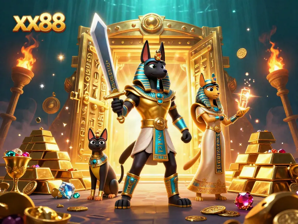 Experience xx88 with golden treasures, Anubis, and sparkling gems in a magical 3D scene.