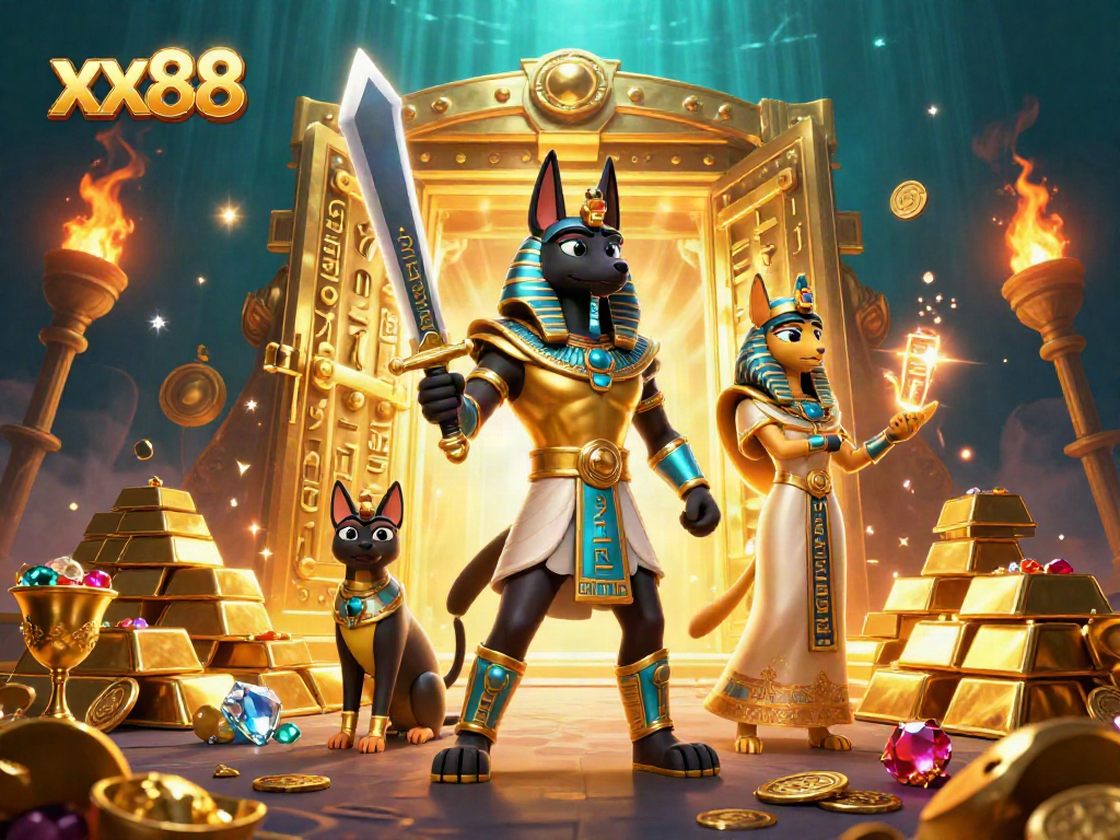 Experience xx88 with golden treasures, Anubis, and sparkling gems in a magical 3D scene.