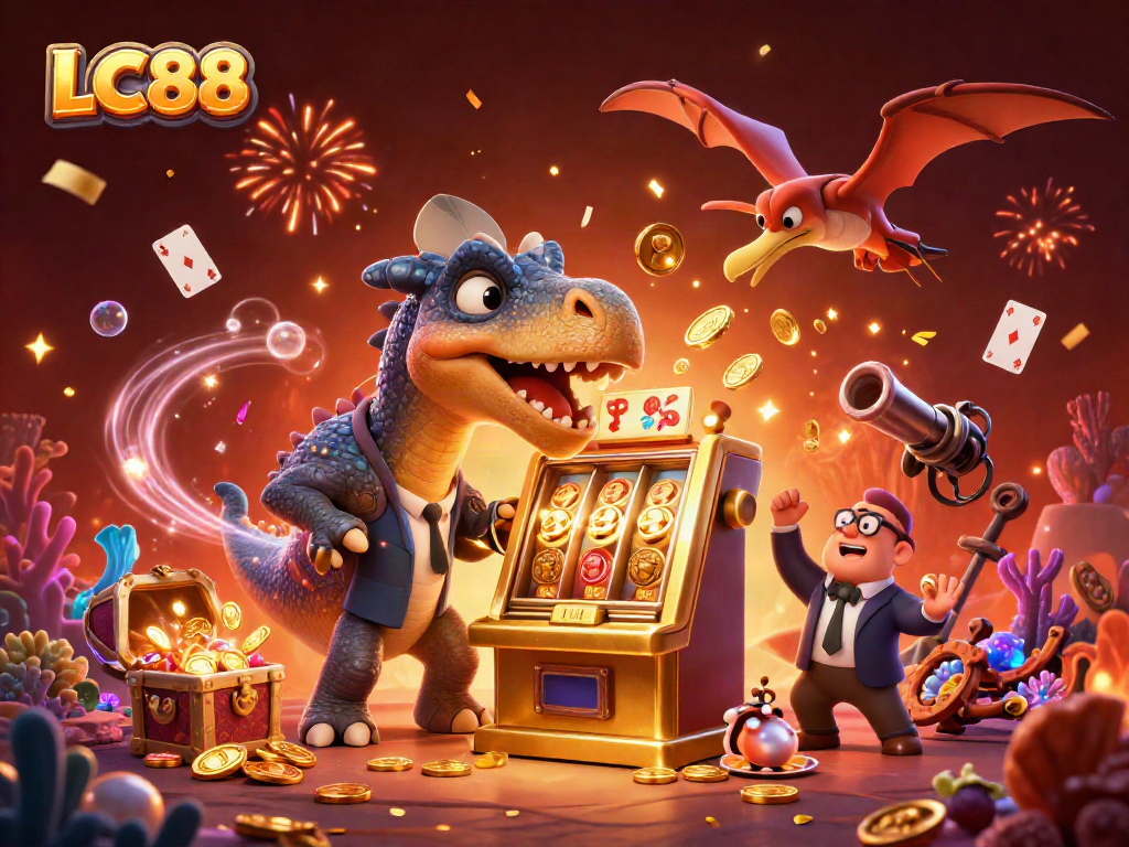 Experience exciting wins at LC88 as dinosaurs interact with slot machines amidst a vibrant casino atmosphere.