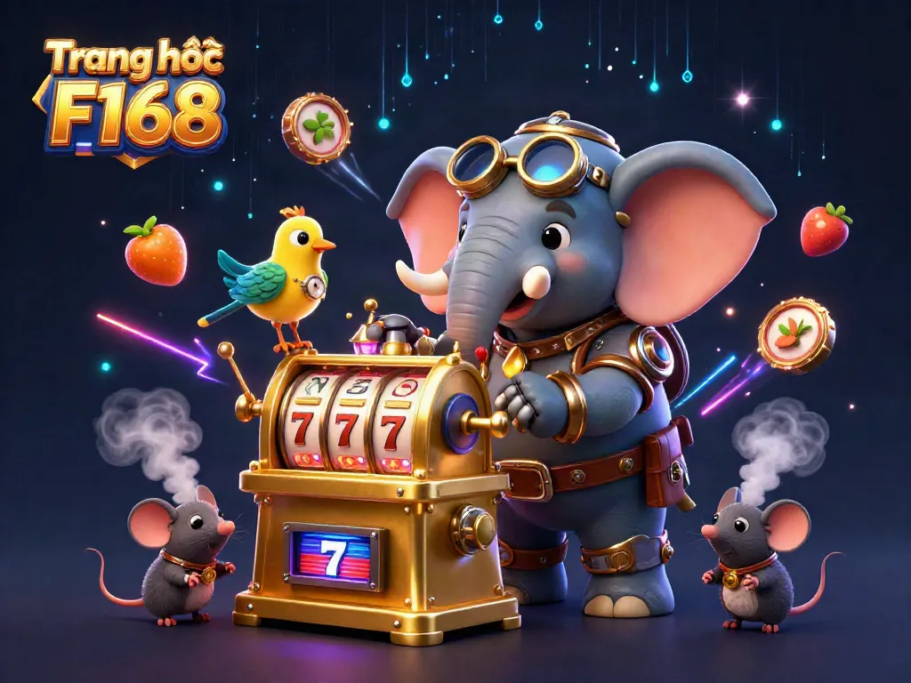 Play slot machines at Trang chủ F168 with an engineer and jackpot symbols in a vibrant casino scene.