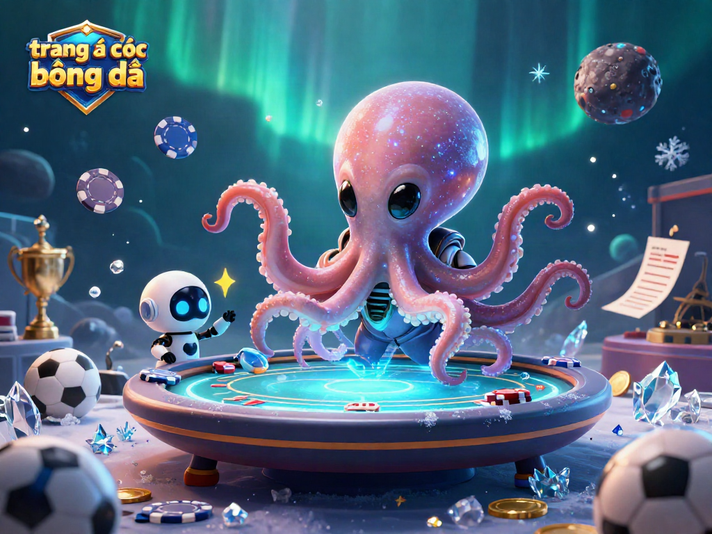 Engage in trang cá cược bóng đá with a dynamic illustration of a cartoon octopus at a holographic poker table.