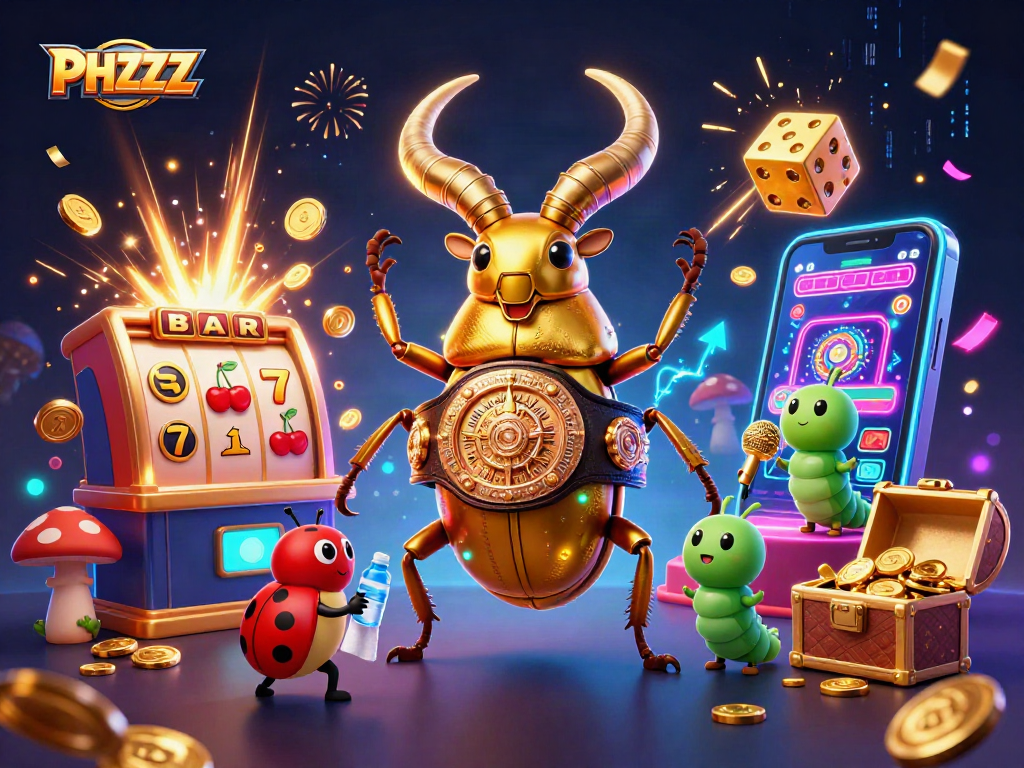 Experience winning thrills with PHZZZ as a golden stag beetle faces off amidst a casino explosion of prizes.