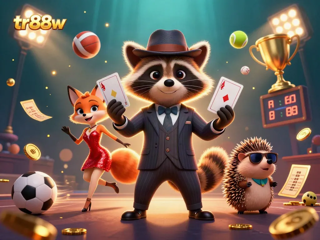 Bet on victory with tr88w as a raccoon, fox, and hedgehog celebrate at an online casino.