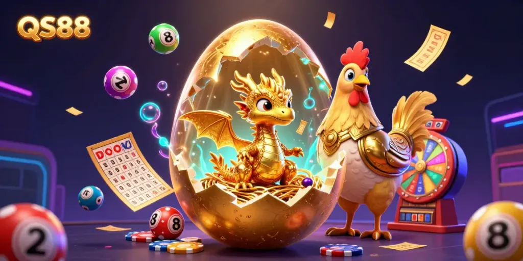 Win big with QS88 in a vibrant casino scene featuring a golden baby dragon and dynamic lottery elements.