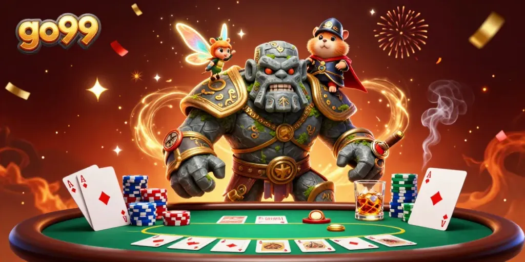 Engage in thrilling games at go99 with a vibrant scene of a golem guardian and magical companions.