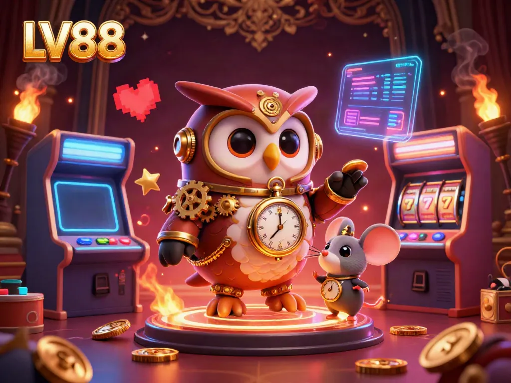 Experience the LV88 online casino thrills with a vibrant 3D illustration of a time-traveler owl and exciting gaming elements.
