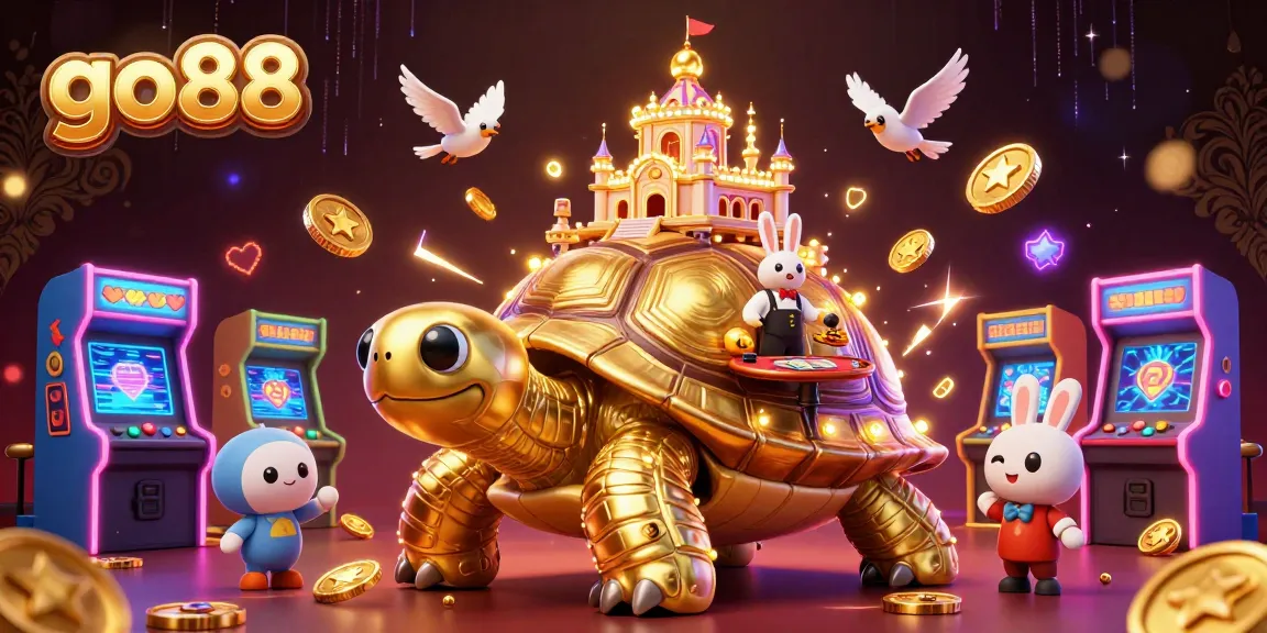 Experience the vibrant casino world with go88 through a golden tortoise and animated dealer scene.