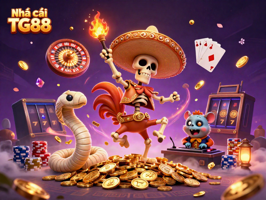 Engaging 3D illustration showcasing Nhà cái TG88 with vibrant casino characters in a dynamic celebration of gaming.