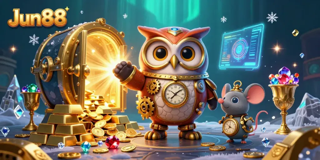 Experience thrilling moments at Jun88, featuring a 3D time-traveling owl and vibrant casino elements.