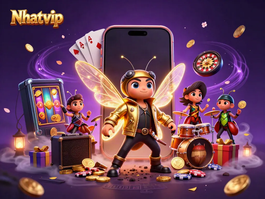 Nhatvip's exciting gaming scene brings vibrant energy with a rock star cicada and dynamic casino elements.