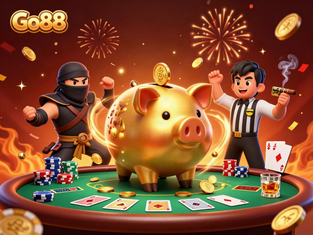 Experience the excitement of Go88 with a vibrant casino scene featuring iconic gaming elements.
