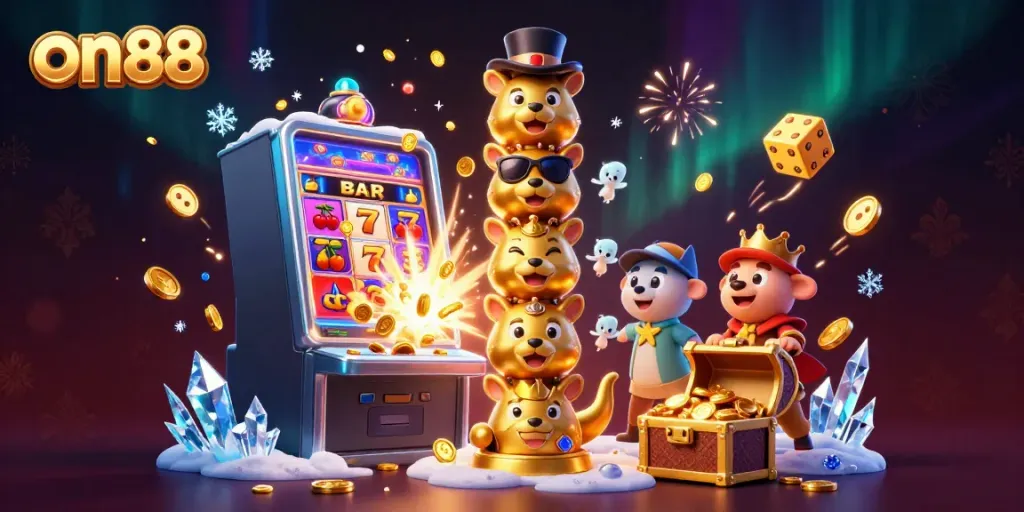 Experience thrilling wins with on88's dynamic casino gaming atmosphere showcasing vibrant symbols and lively characters.