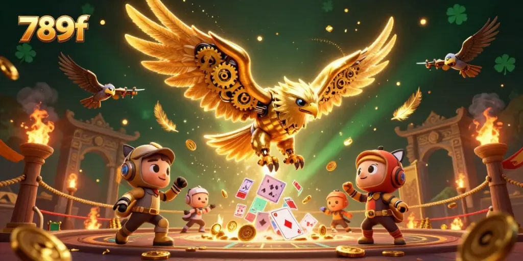 Experience thrilling gaming with 789f's cybernetic eagle soaring through interactive holograms in a vibrant casino.