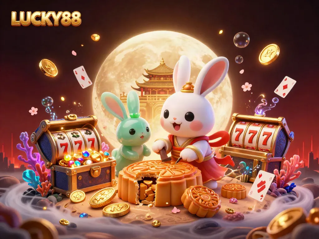 Spin and win with LUCKY88 in a vibrant 3D illustration of a moon rabbit surrounded by slot reels and treasures.