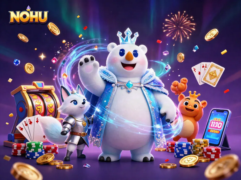 Engage with NOHU's vibrant gaming scene featuring jackpot slots and festive elements.