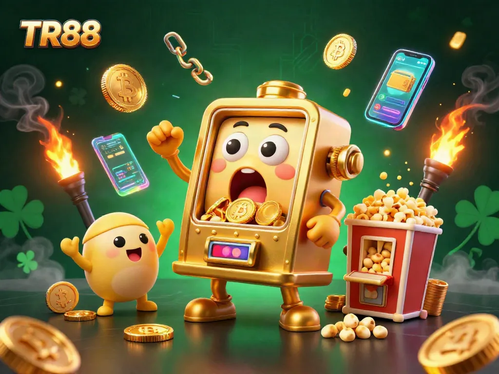 Engage with the energetic TR88 jackpot scene featuring cheerful slot machines and vibrant coins.