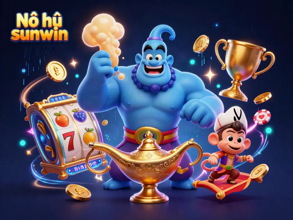 Experience the thrill of Nổ hũ sunwin with a vibrant scene featuring a genie and jackpot elements.