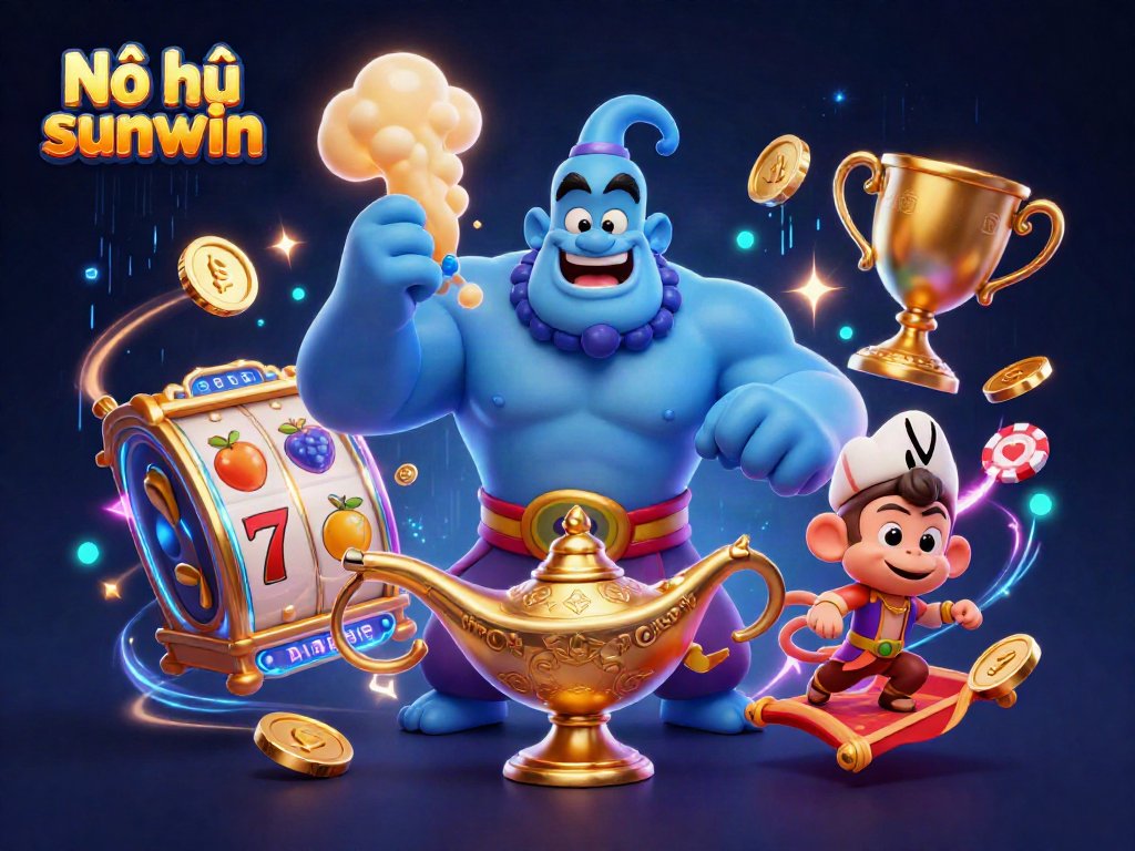 Experience the thrill of Nổ hũ sunwin with a vibrant scene featuring a genie and jackpot elements.