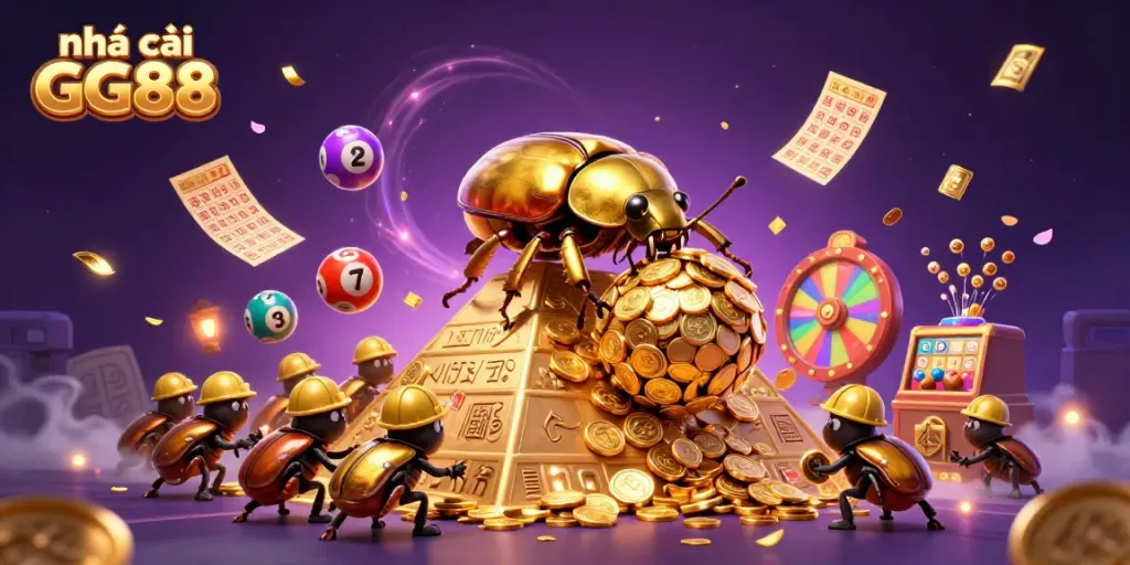 An engaging scene with Nhà cái GG88, a golden beetle rolling coins, surrounded by vibrant lottery elements.