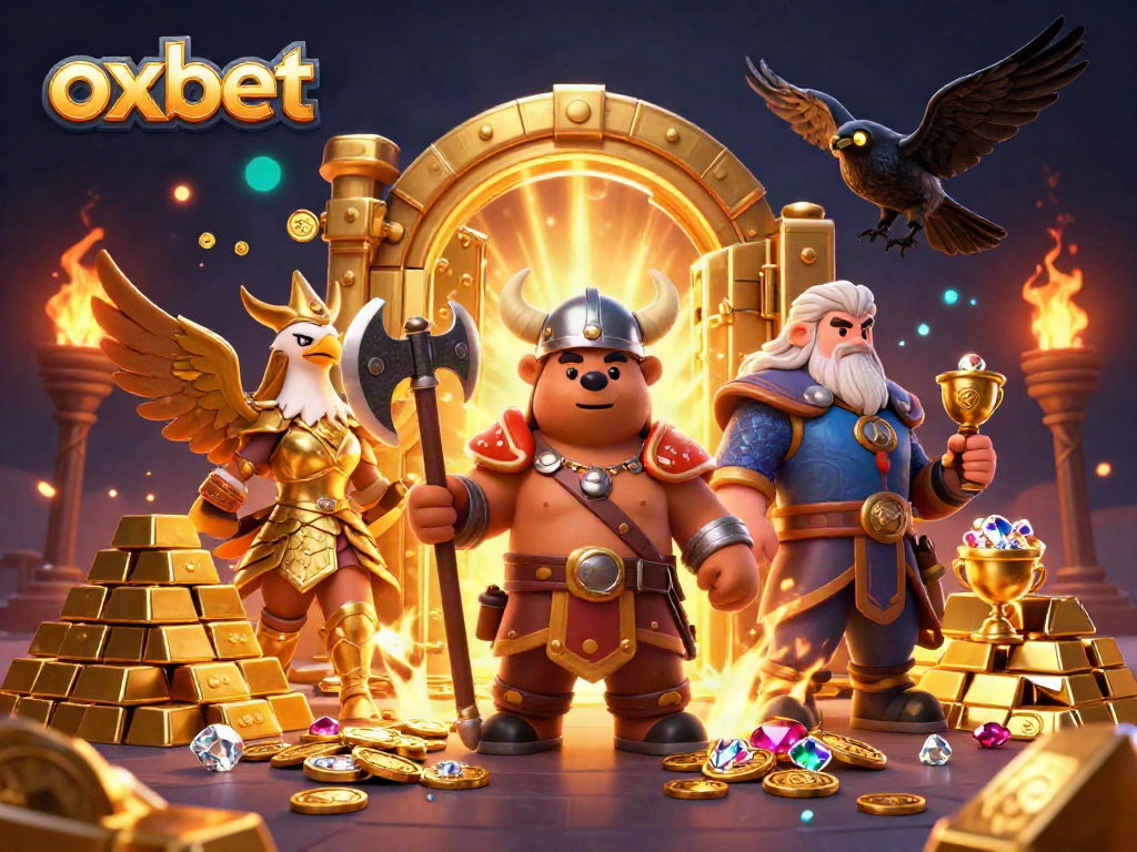 Experience thrilling gaming at OXBET with a Viking bear and treasure-filled scene in 3D.