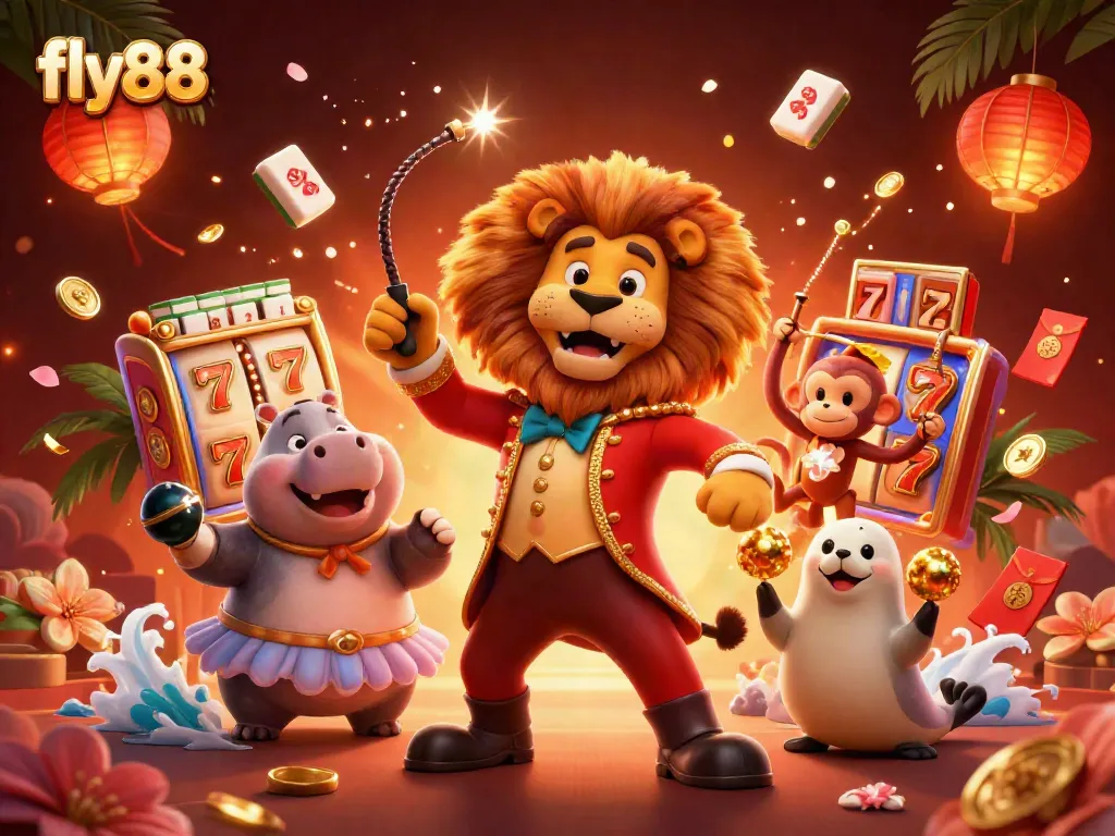fly88 showcases a lively scene with a circus ringmaster lion, vibrant slot reels, and playful gambling elements, creating an engaging casino atmosphere.