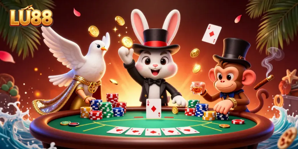 Experience the thrilling atmosphere of LU88 online casino with a magician rabbit, dove, and monkey amid poker action.