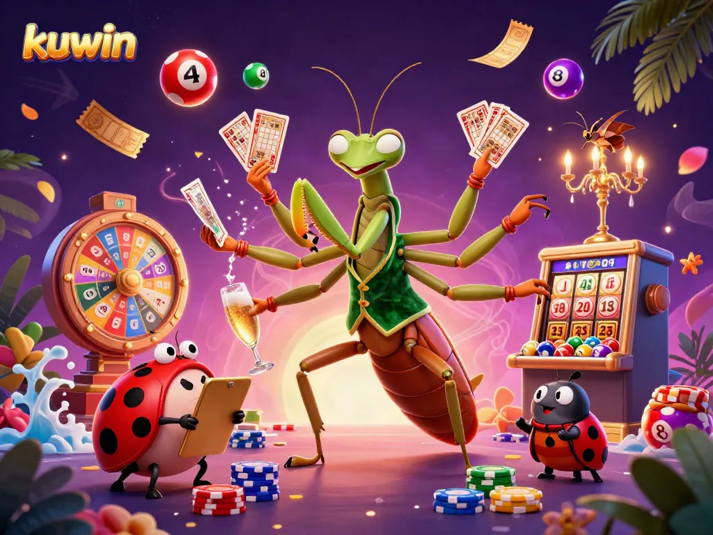 Kuwin online casino scene showcasing a lively mantis dealer and ladybug pit boss amidst vibrant game elements and dynamic lottery aspects.