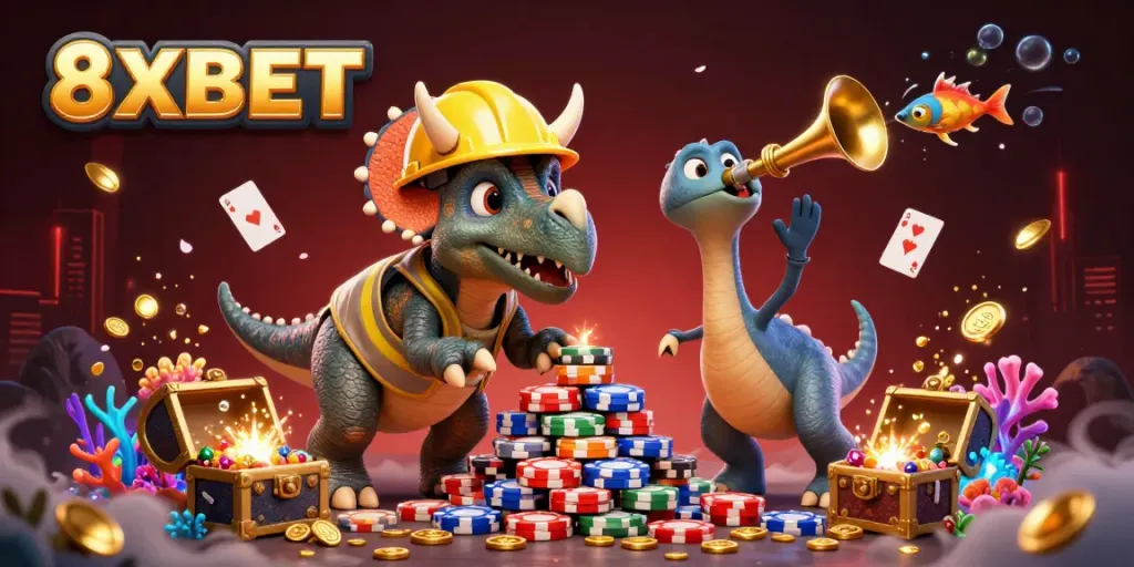 Experience thrilling gaming with 8XBET celebrating wins in this vibrant 3D casino illustration.