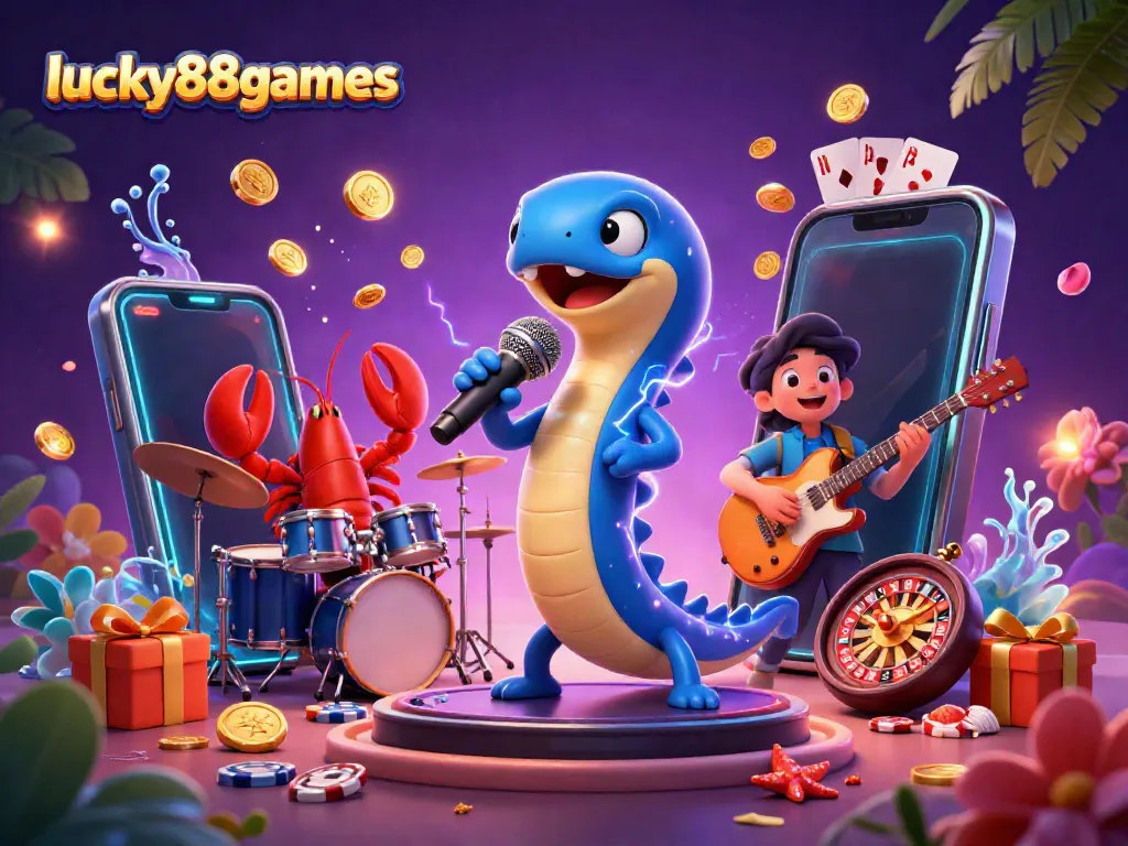 Engage in thrilling moments with lucky88games as an electric eel performs live with a lobster drummer and seahorse guitarist on an underwater casino stage.
