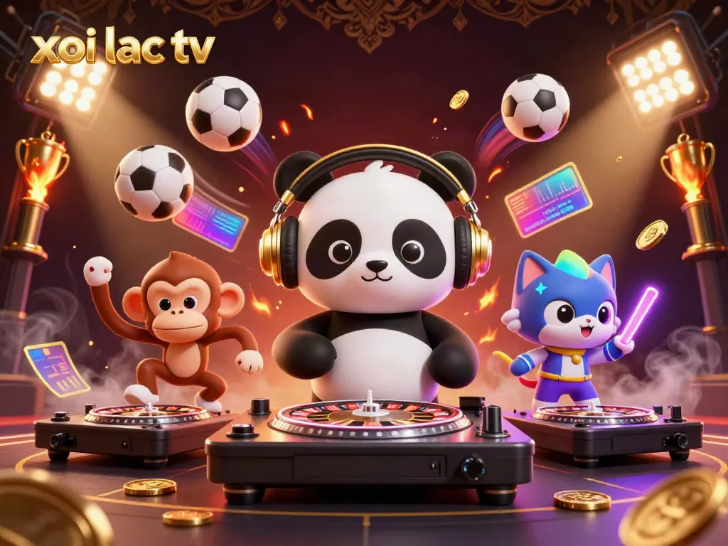 Xoi lac tv showcases a vibrant, animated scene of a DJ panda spinning on roulette wheel turntables with lively characters, enhancing the excitement of gambling entertainment.