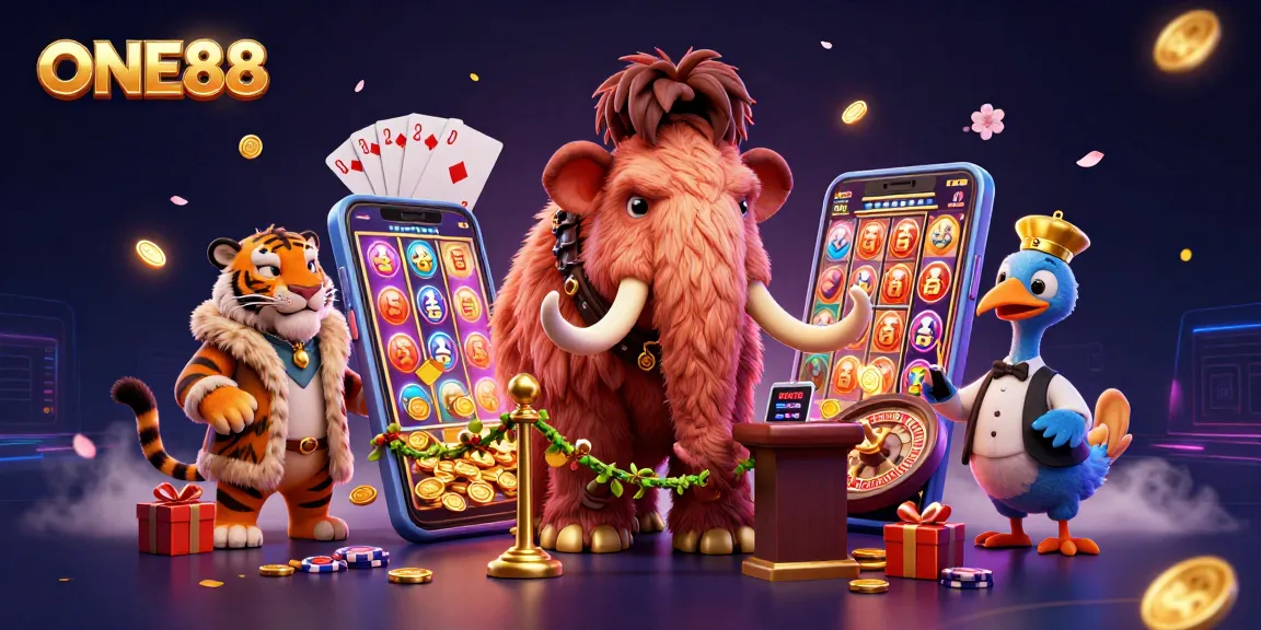 Experience the vibrant excitement of ONE88 with a casino bouncer, VIP guest, and doorman amidst dynamic slot game elements.