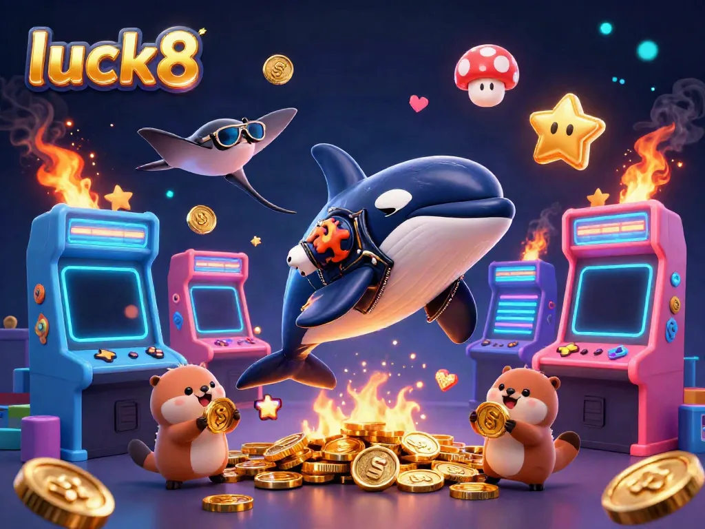 Experience thrilling games at luck8, featuring colorful characters and casino elements in a vibrant casino scene.