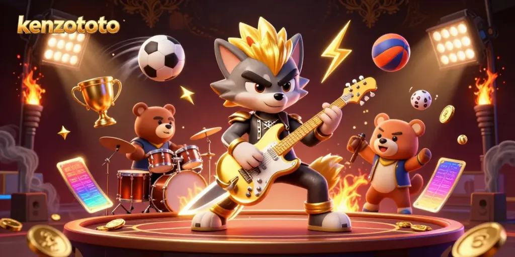 kenzototo showcases a thrilling casino adventure with dynamic characters, bright sports elements, and rich golden visuals