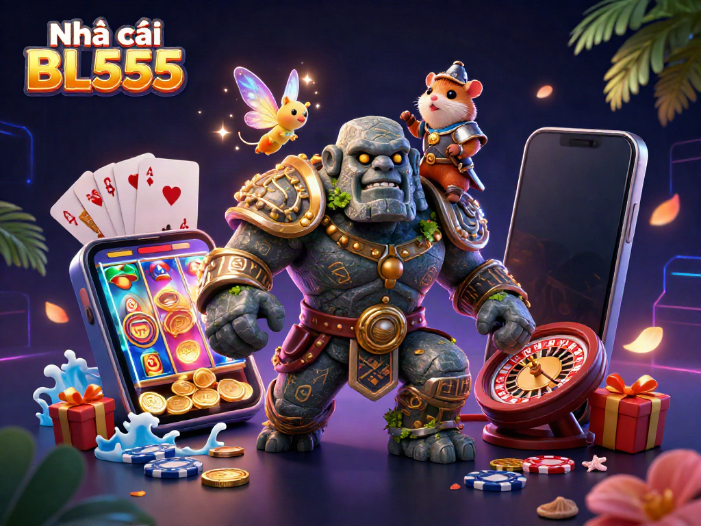 Experience the thrill of Nhà cái BL555 with vibrant illustrations of gaming elements and characters.