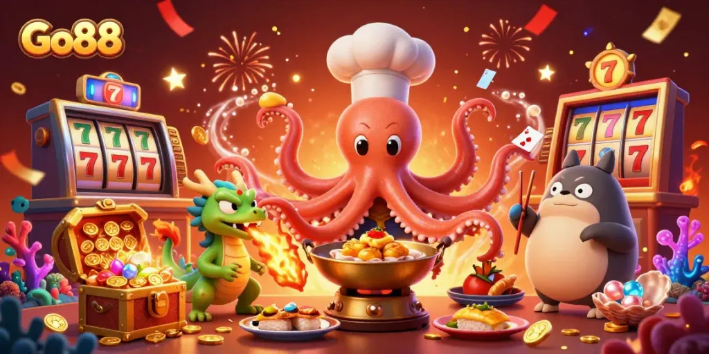 Engage with Go88 in a vibrant casino scene featuring an octopus chef and dragon, surrounded by riches.