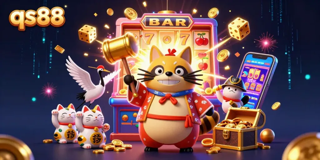 Spin and win big at qs88 with dynamic casino scenes featuring cheerful characters and vibrant elements.